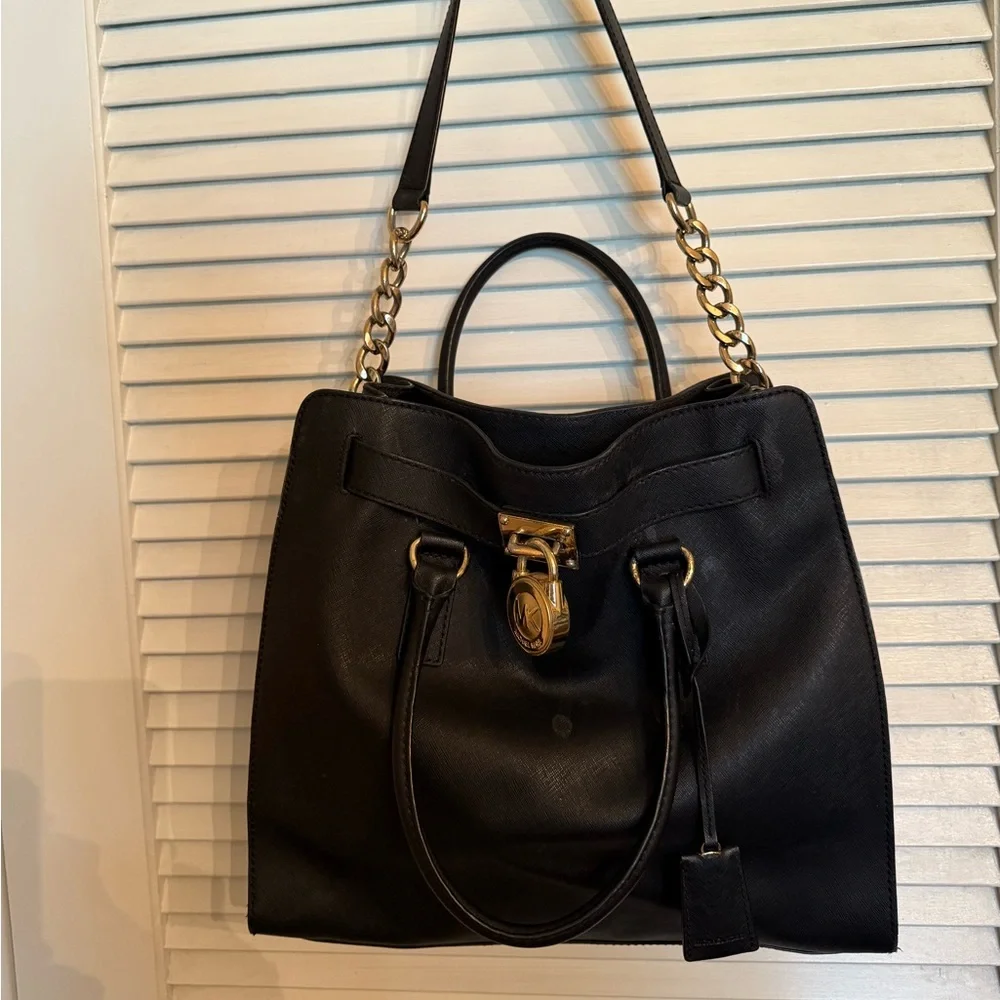Michael Kors Black Leather Shoulder Bag with Gold Hardware